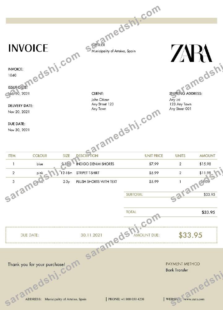 USA ZARA invoice template